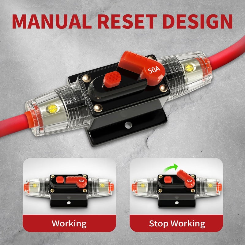 TEMCHY 50Amp Car Audio Circuit Breaker Waterproof Fuse Inline Holder Manual Reset 12V-48V DC for Automotive Marine Boat Trunk Audio Sound Amplifier System 12V-48V - Image 2